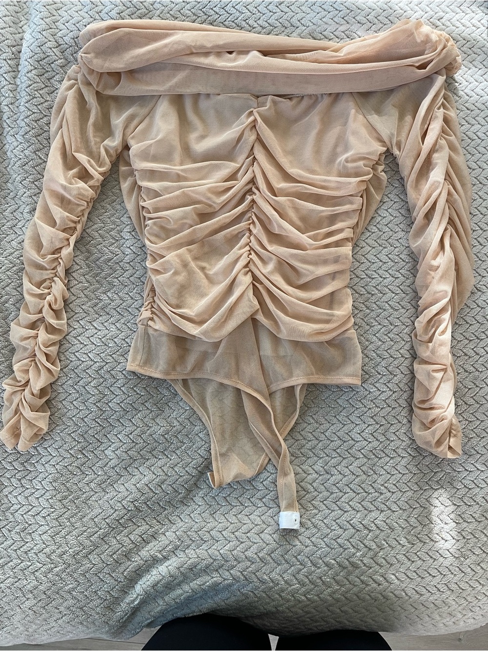 Fashion Nova Ruched Off-Shoulder Mesh Bodysuit - Beige
